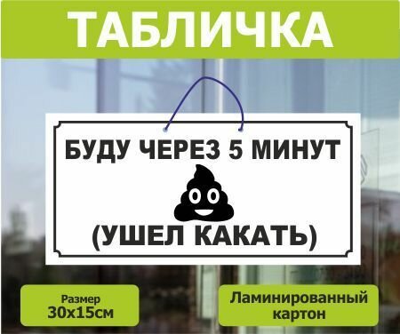 Табличка на дверь Буду через 5 минут 30х15см