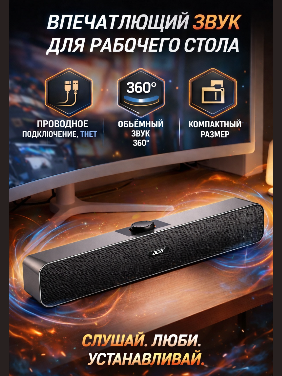 Компьютерный саундбар Acer, проводное подключение, объемный звук 360°, 2.0