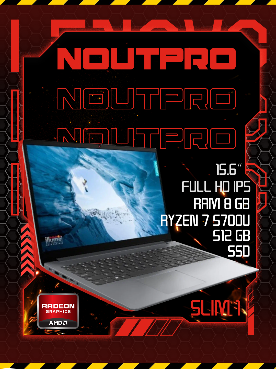 Ноутбук Lenovo Slim 1, Amd Ryzen 7 5700U, (15.6 FHD IPS), SSD 512GB, Amd Radeon Graphics, Cloud Grey