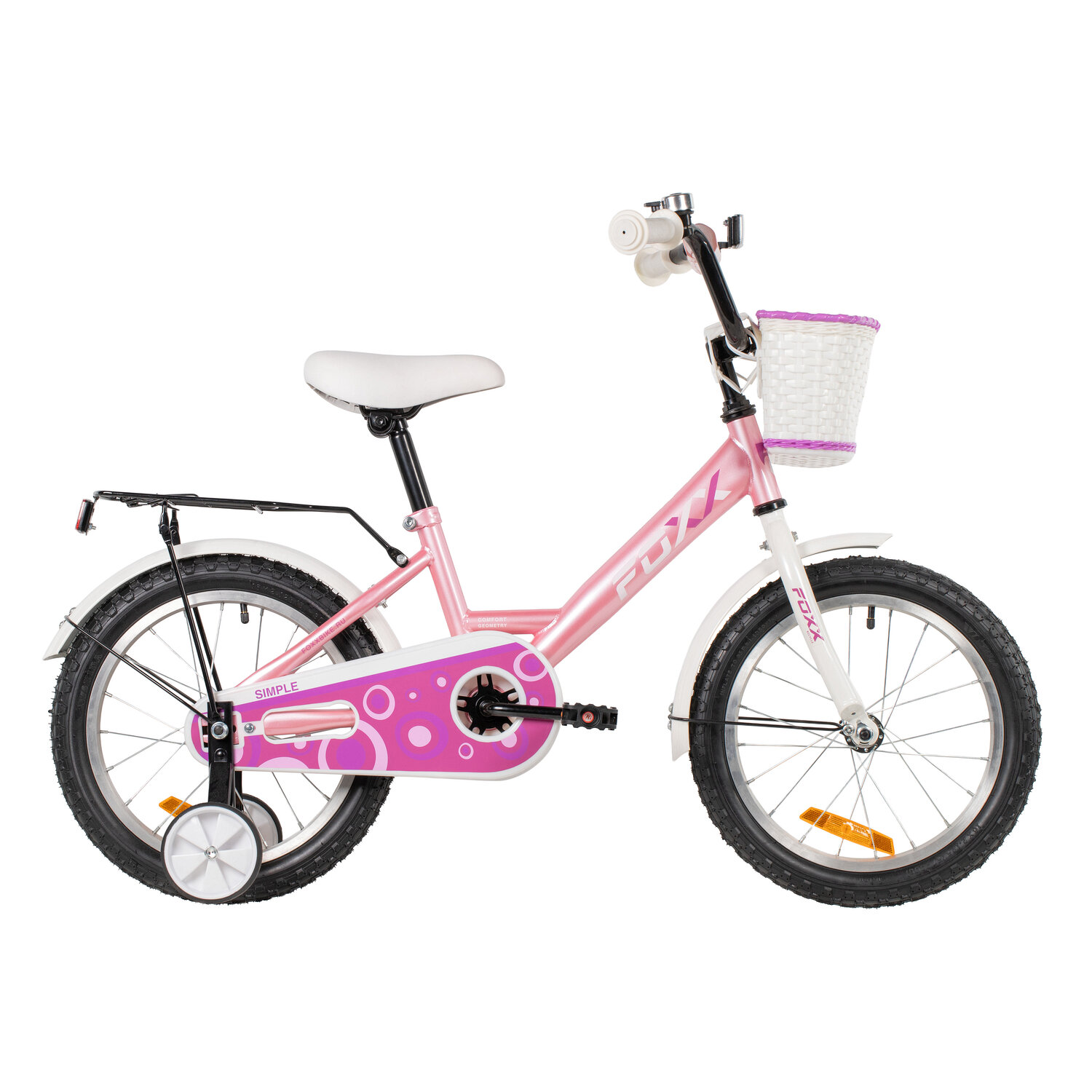 Велосипед для девочек Foxx Simple 16 (2026), розовый, сталь, ножной тормоз, крылья, багажник, полная защита цепи, передняя корзина