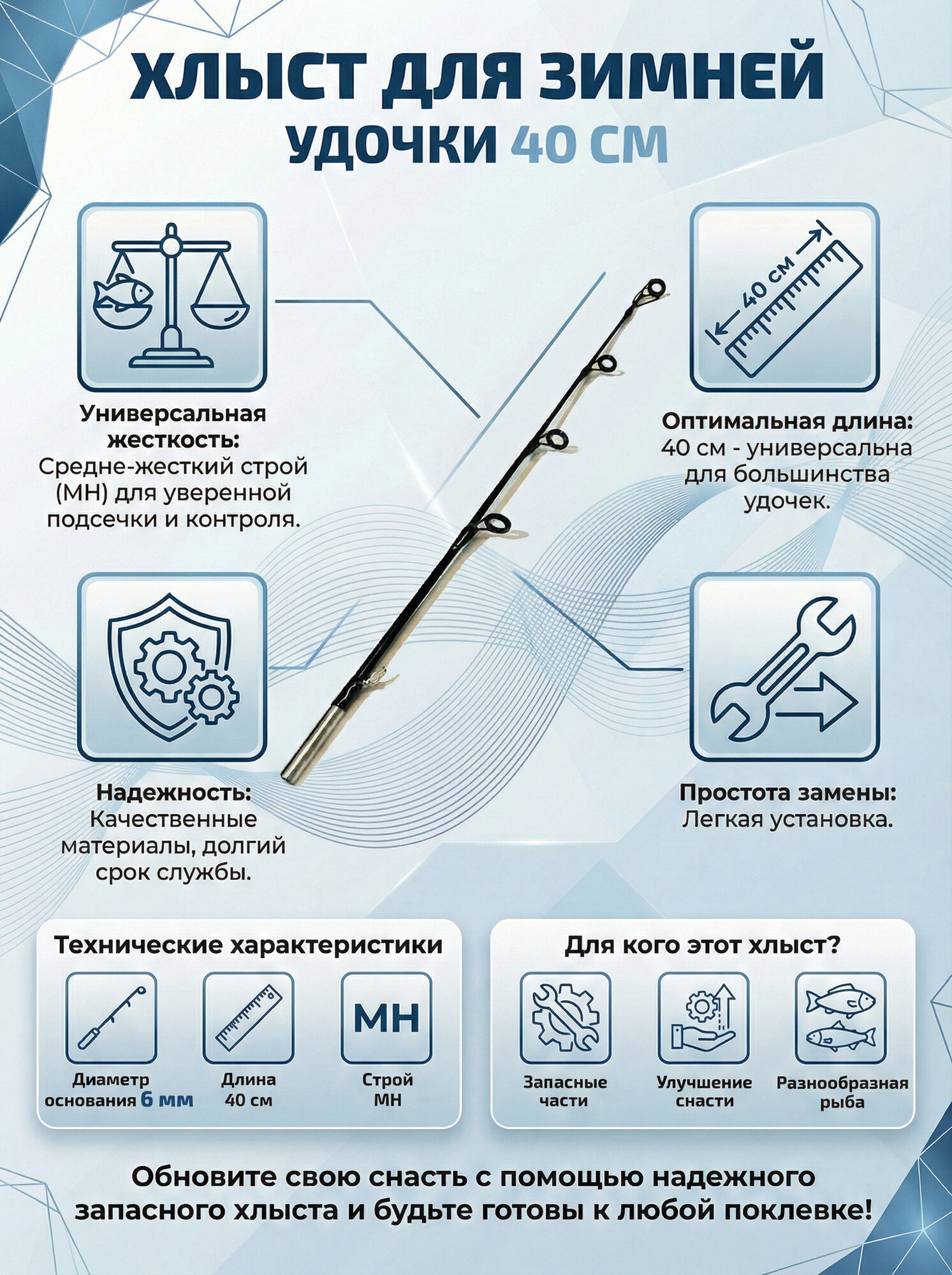 Хлыст для зимней удочки, основание 6 мм, длина 40 см, цвет черный