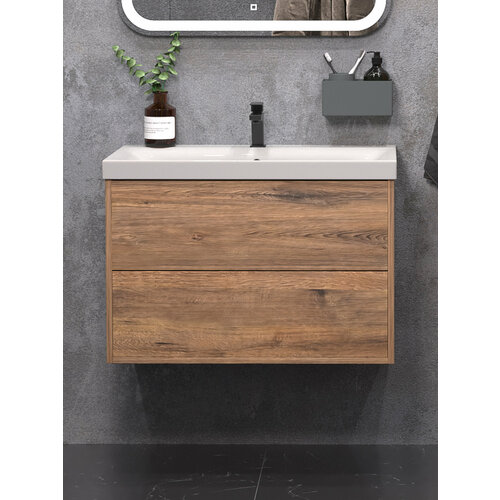 фото Тумба подвесная sanstar siva 80 с раковиной moduo 80 (комплект) для ванной комнаты, дуб веллингтон табак