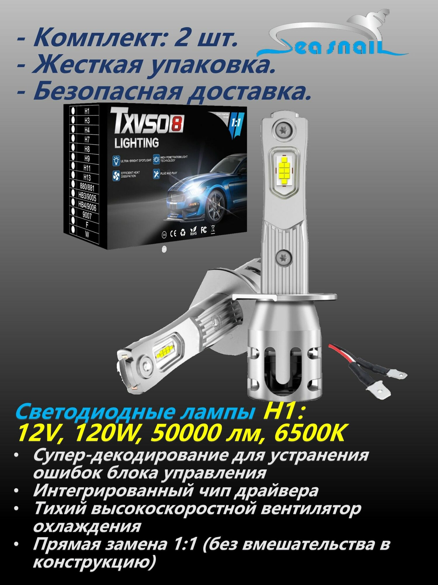 TXVSO8 Фары автомобильные, 2 шт, арт. H1 6500K 120W 15000LM CANBUS