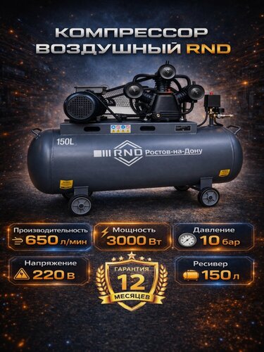 Изображение товара Компрессор Rnd КМ 650/150, воздушный, масляный,10 бар, 220 В, 3000 Вт, 650 л/мин, 150л