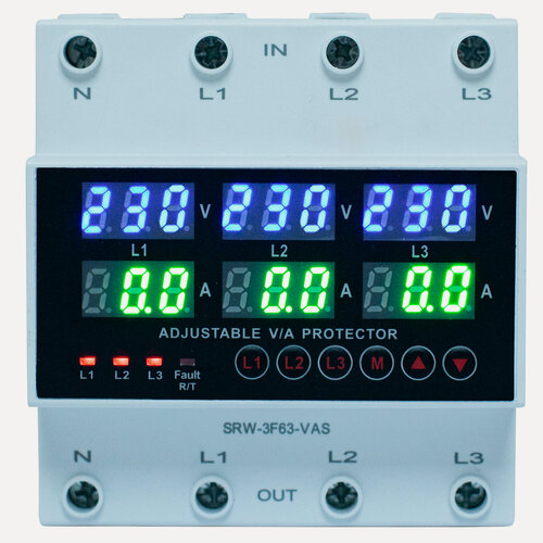 Изображение товара Реле напряжения и тока трехфазное RUCELF SRW-3F63-VAS, с защитой от перегрузки по току,63Арейку, асинхронный