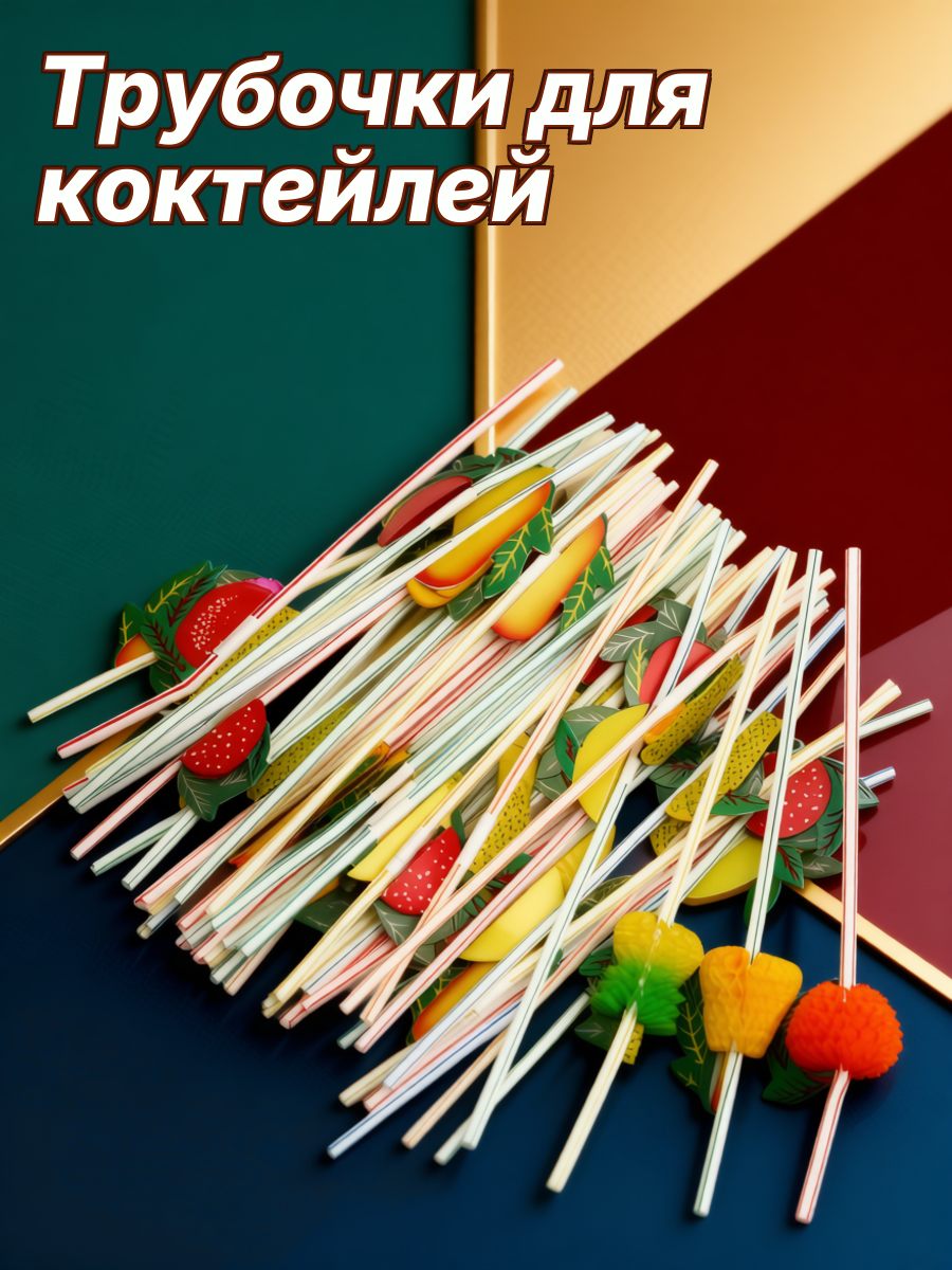 Коктейльные соломинки с фруктовым декором для бара и дома 50 штук разноцветные