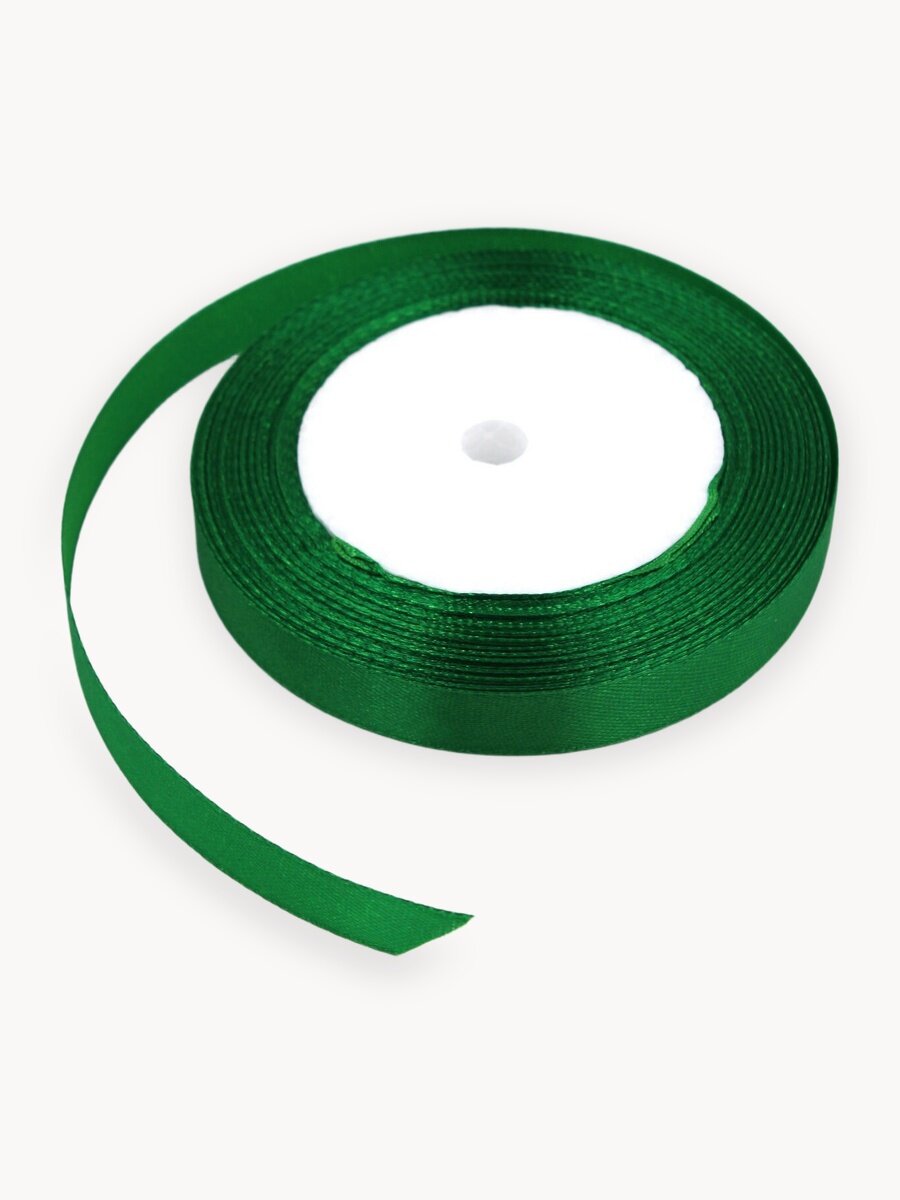 Лента атласная 1см х 23м зеленая, упаковочная для рукоделия, для декора и творчества, шитья и упаковки подарков, 10мм