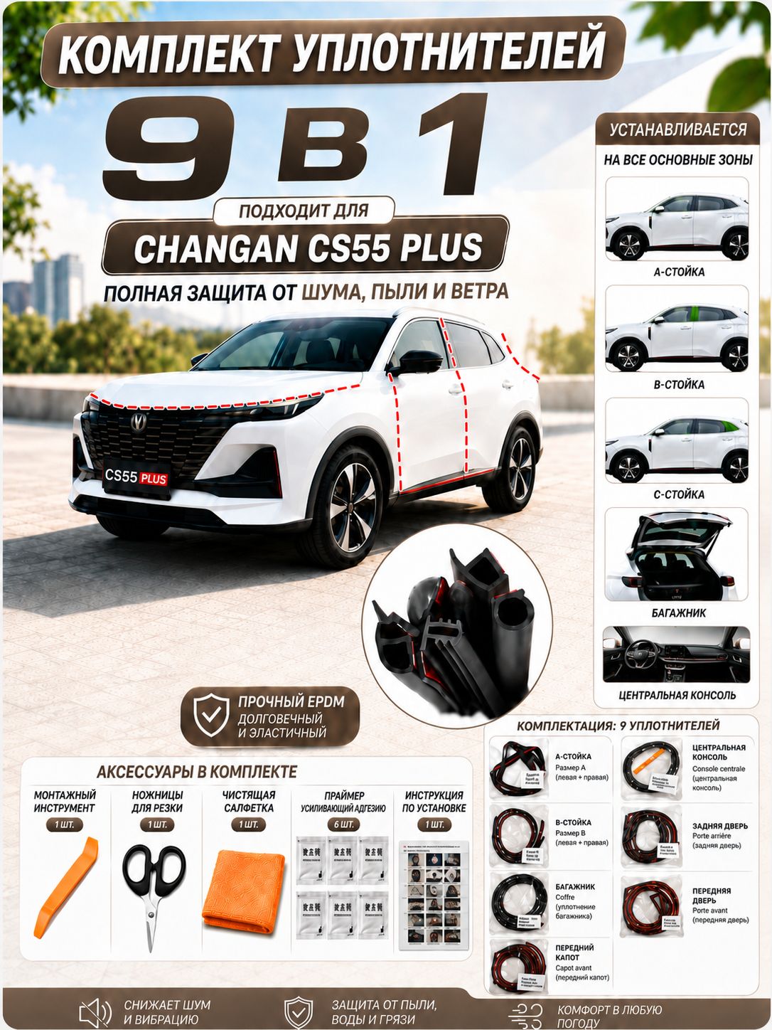 Уплотнитель кузова changan CS55plus, уплотнительная резиновая полоса, комплект 9 шт, для дверей, капота, багажника, левой и правой стоек, снижает шум, защищает от пыли сохранять тепло и комфорт
