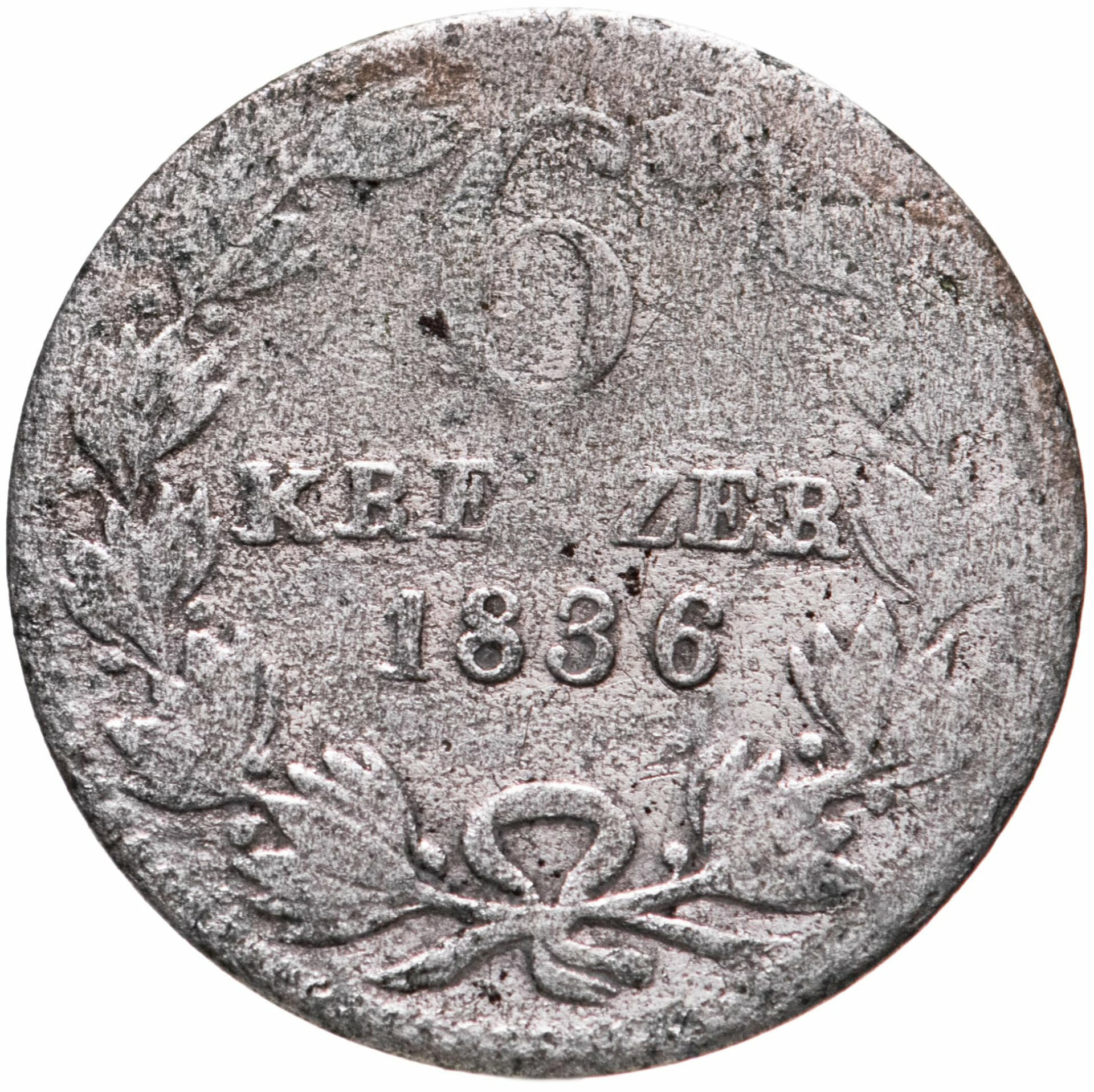 Германия, Баден 6 крейцеров 1836, Серебро 375, в сохранности F