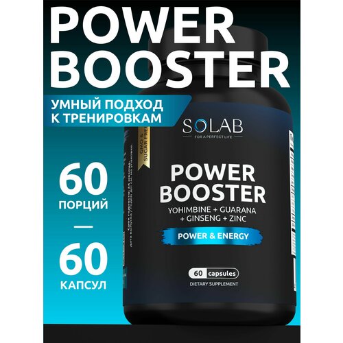 Тестостероновый бустер SOLAB POWER Booster энергетик для мужчин с йохимбе, гуарана, женьшень и цинк, 60 капсул