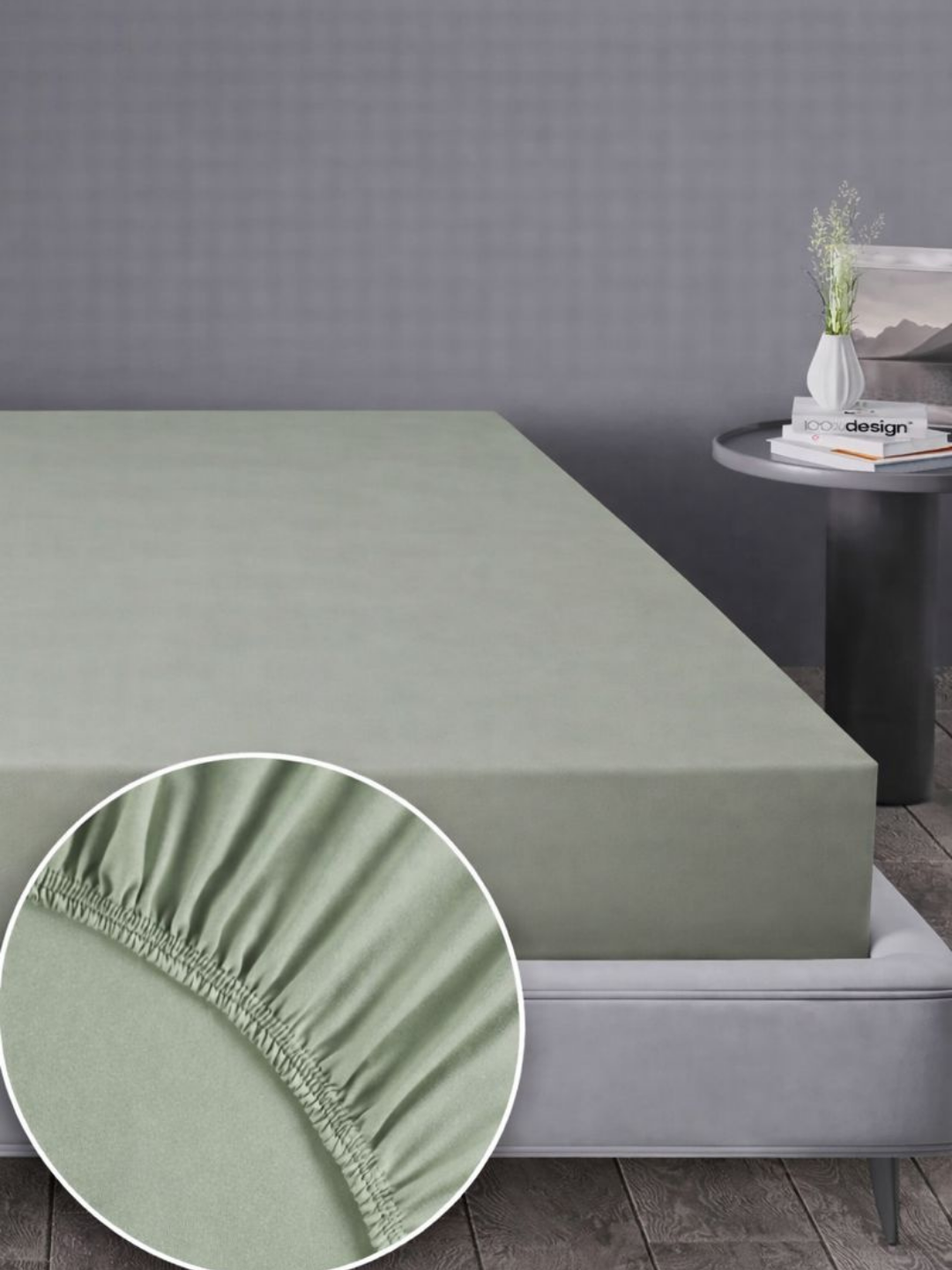 Простыня на резинке, сатин, 2-спальная, высота 20 см, серая, с наволочкой