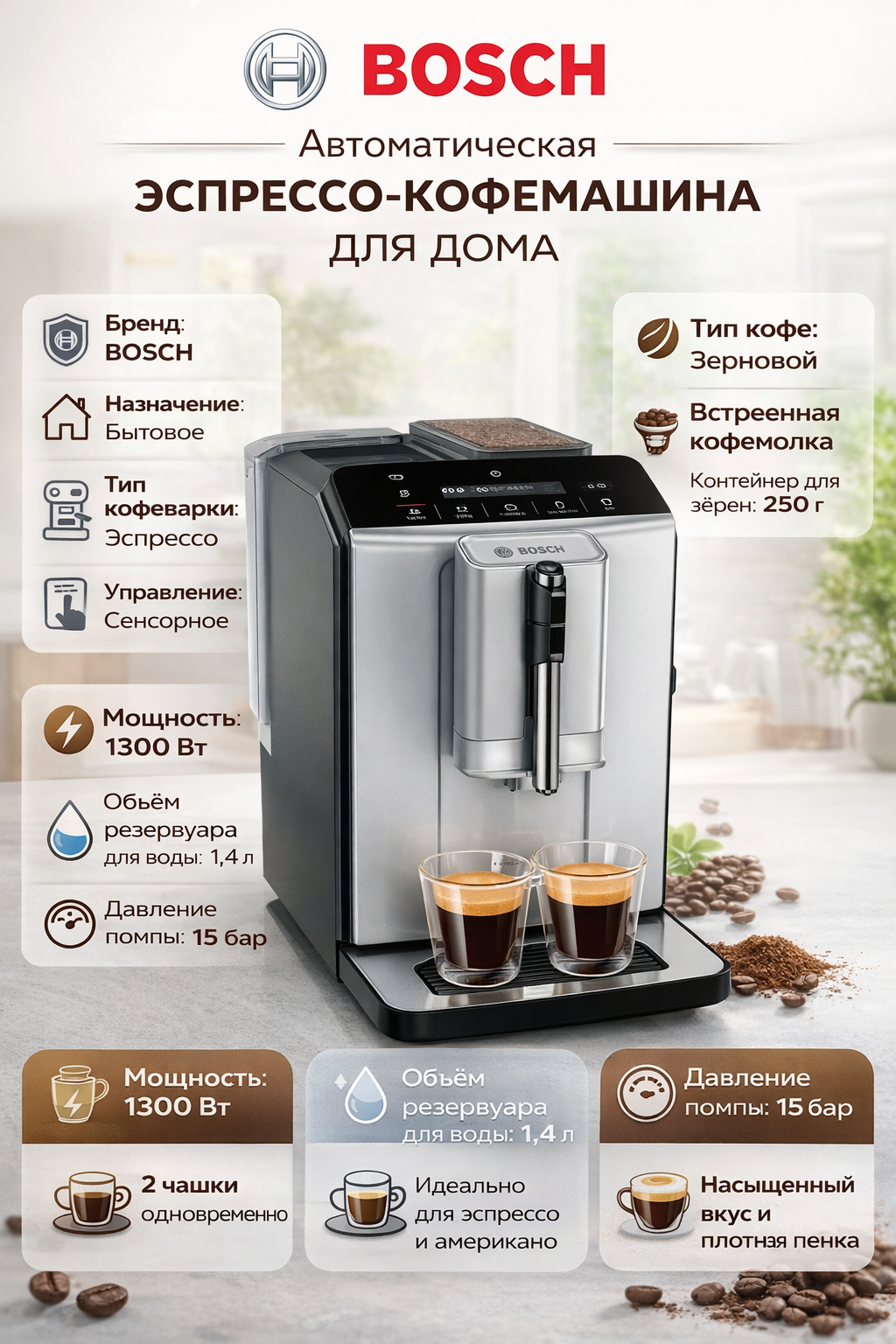 Кофемашина BOSCH TIE20301, сенсорное управление, встроенная кофемолка