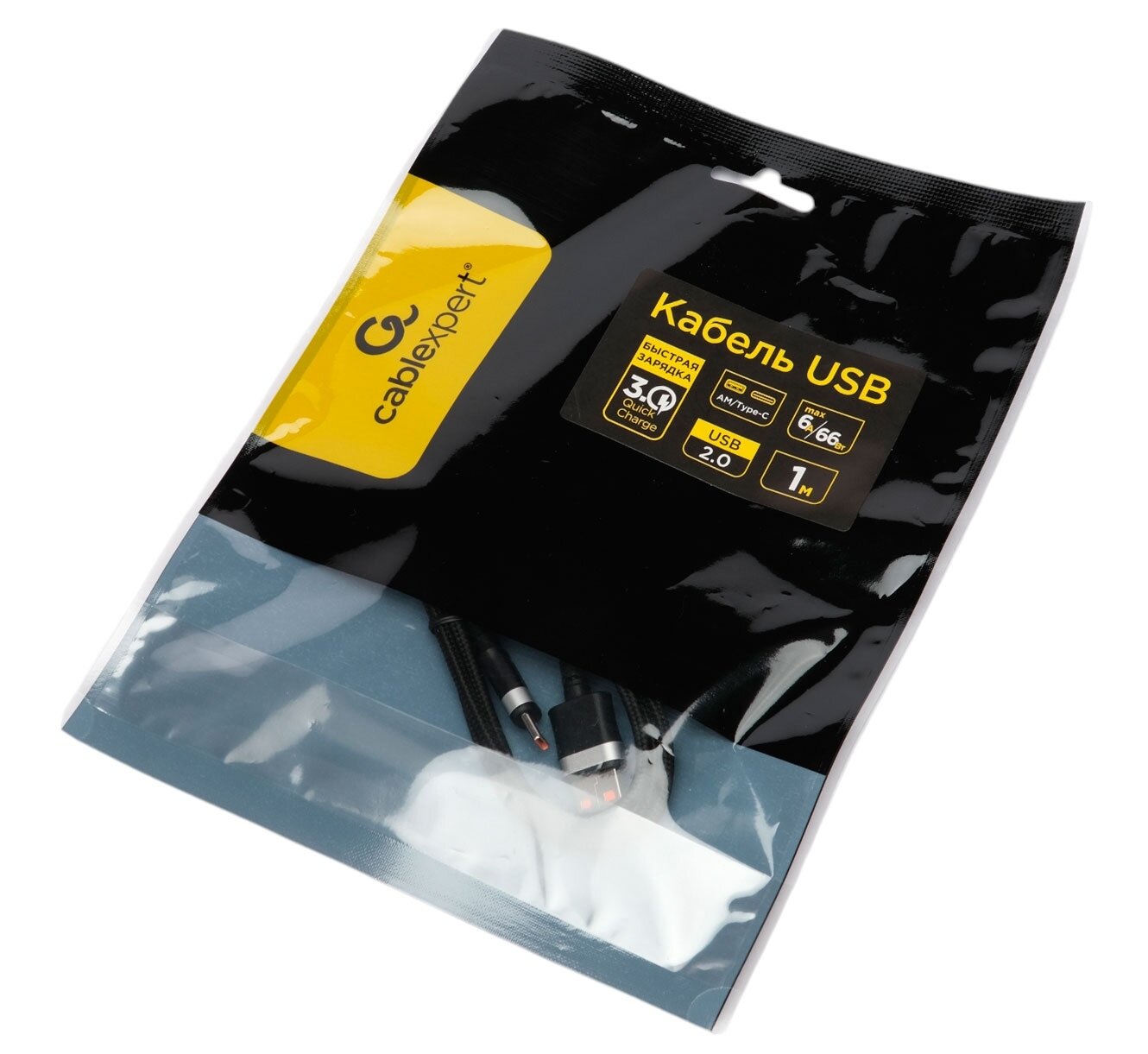 Кабель USB2.0 Cablexpert CCP-USB2-AMCM-66W-1M, AM/Type-C, 6A, 66Вт, QC3.0, медь, 1м, черный, пакет