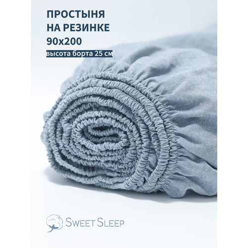 фото Простыня с резинкой 90х200 из варёного хлопка sweet sleep, серо-голубой