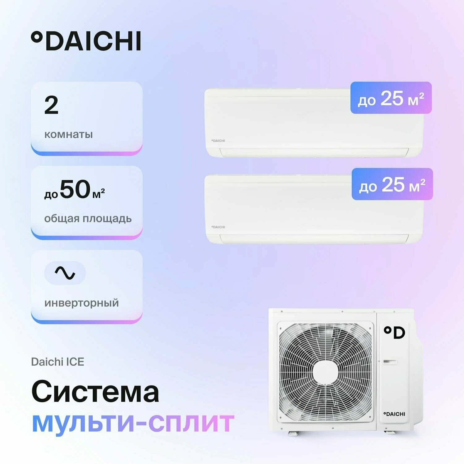 Мульти сплит-система Daichi DF50A2MS1R/ICE25AVQS1R-1/ICE25AVQS1R-1 inverter, на 2 комнаты 25м2+25м2