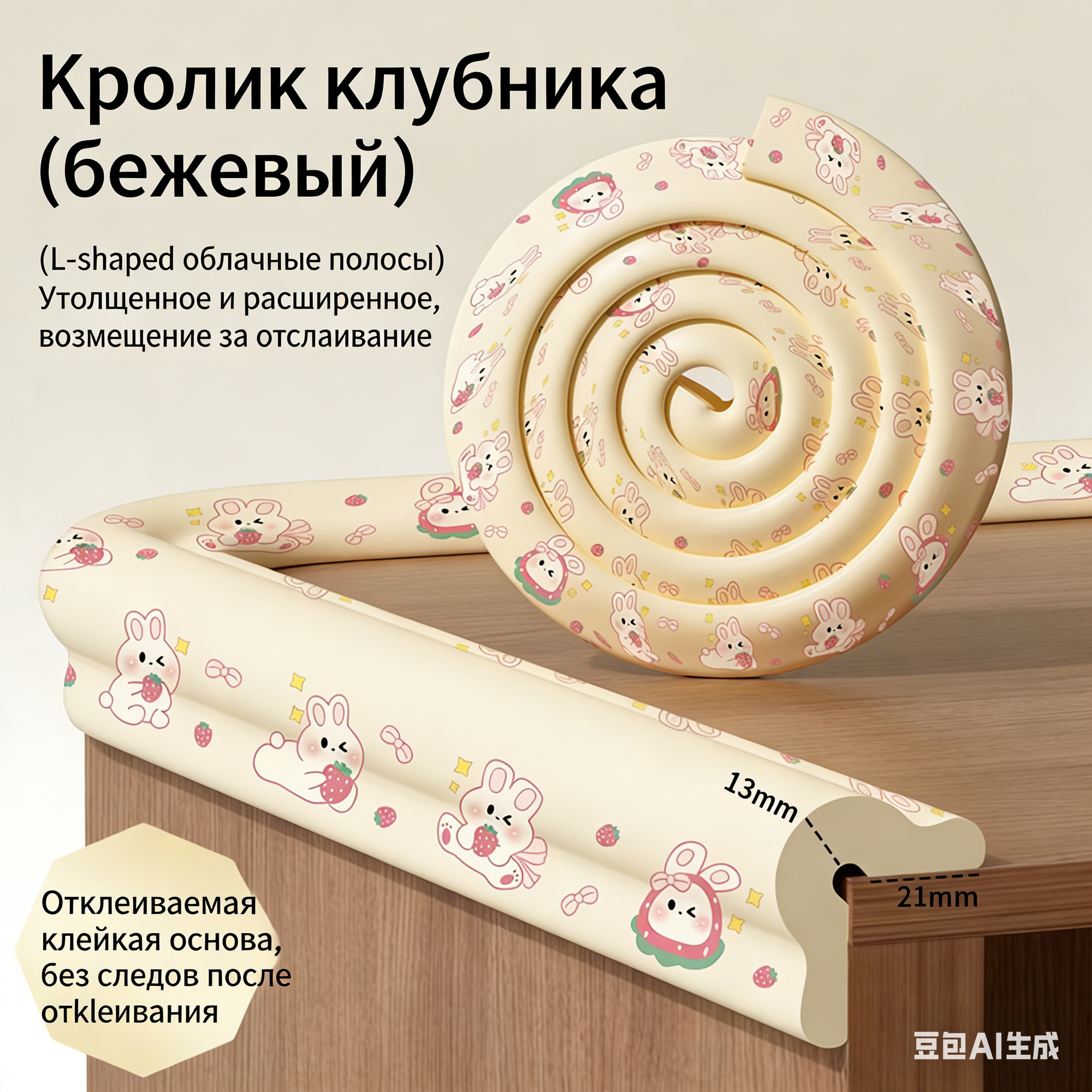 Защитная угловая лента 2 м бежевая с принтом кролик клубника, мягкая накладка для защиты детей от ударов