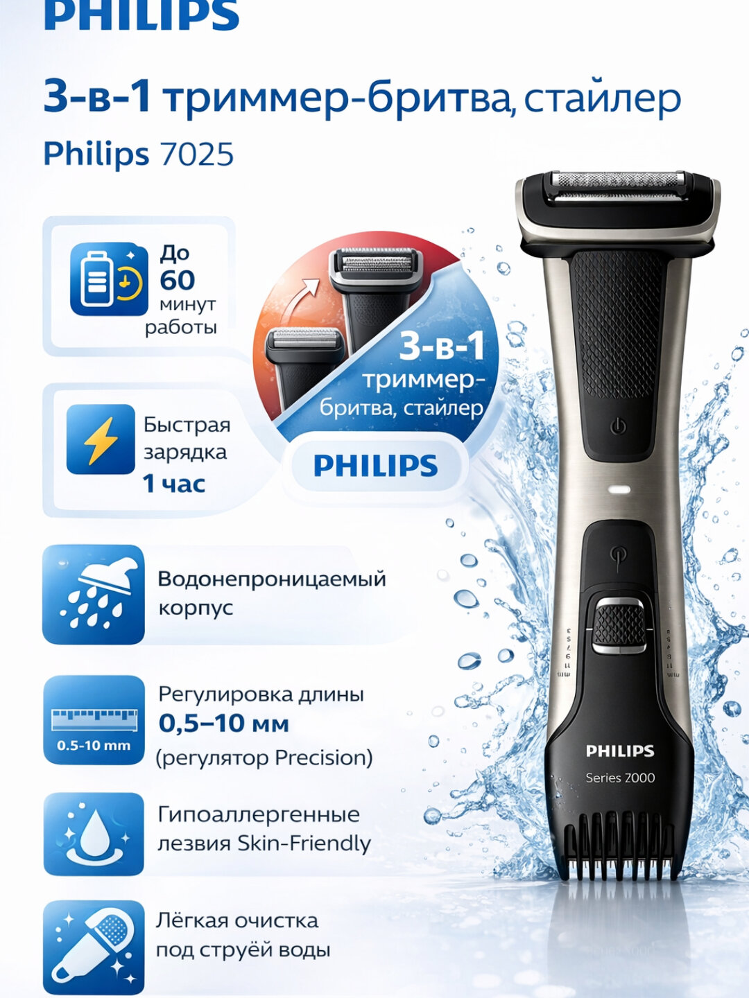 Триммер Philips "7000", для тела, автономное питание, 80 минут, нержавеющая сталь