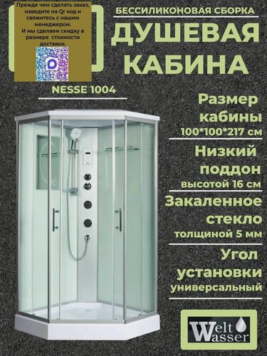 Изображение товара Душевая кабина WeltWasser NESSE 1004 с крышей, размер: 100х100х217 см, низкий поддон 16 см