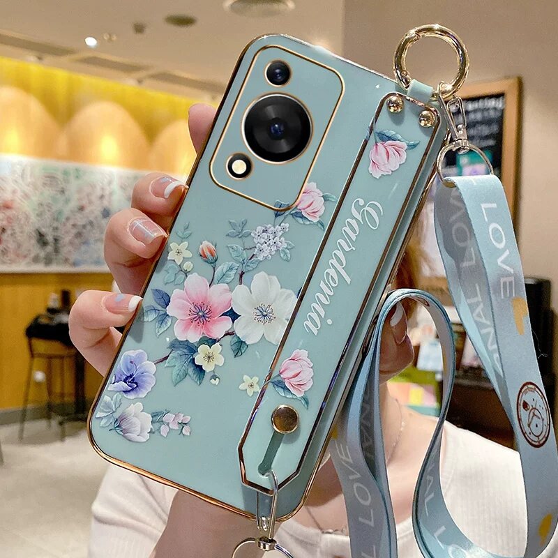 Силиконовый чехол для Huawei Enjoy 70S в мятном цвете с ремешком-черепахой и защитным стеклом