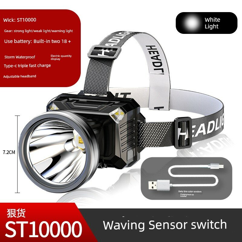 Фонарь-наголовок ST10000 LED, датчик движения, дисплей заряда, Type-C, белый свет, перезаряжаемый фонарь для туризма