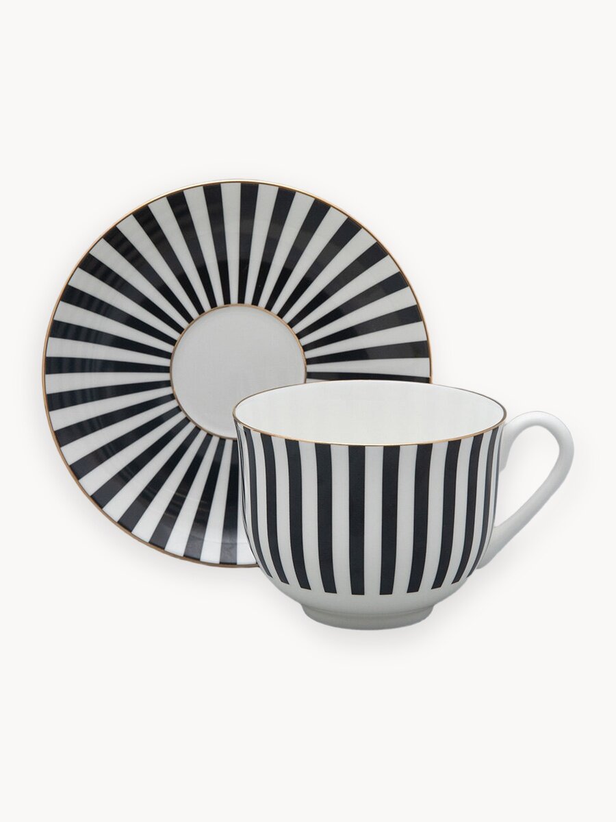 Чайная пара Да и нет, форма Ландыш, Императорский фарфоровый завод , костяной фарфор, черный, отводка золотом, 345 мл