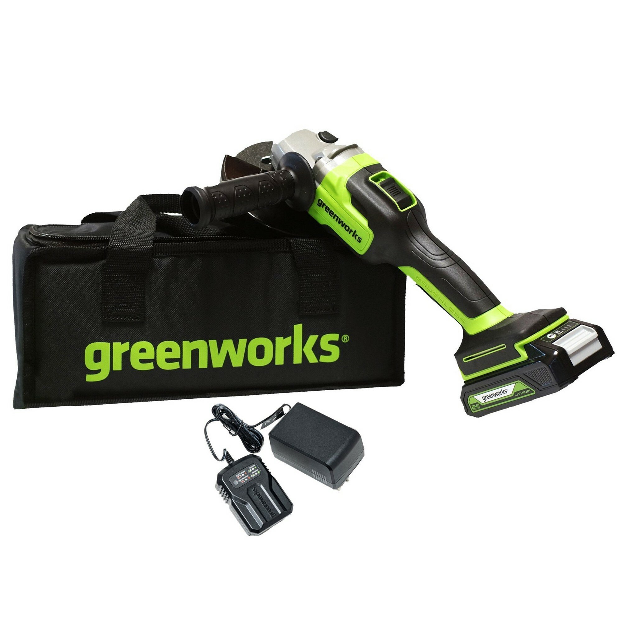 Угловая шлифовальная машина Greenworks 3200207UA, 24V, бесщеточная, c 1хАКБ 2 Ач и ЗУ