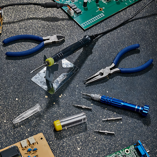 Изображение товара Набор для пайки: USB паяльник 8 Вт, кусачки, тонкогубцы, подставка, припой, отвертка REXANT