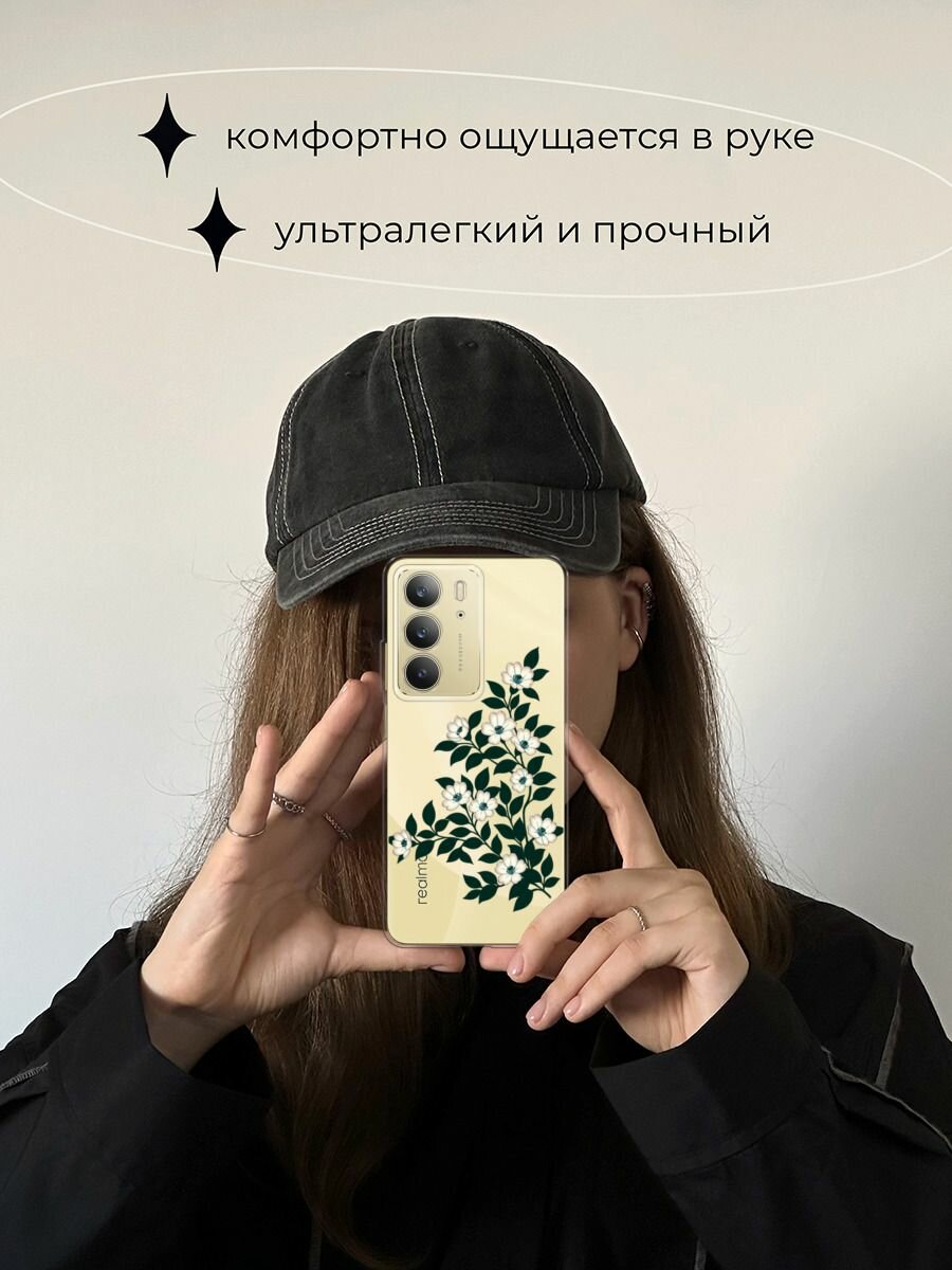 Чехол на Realme C75 4G / Реалми C75 4G с принтом "Цветы с черными листьями" — фото 1