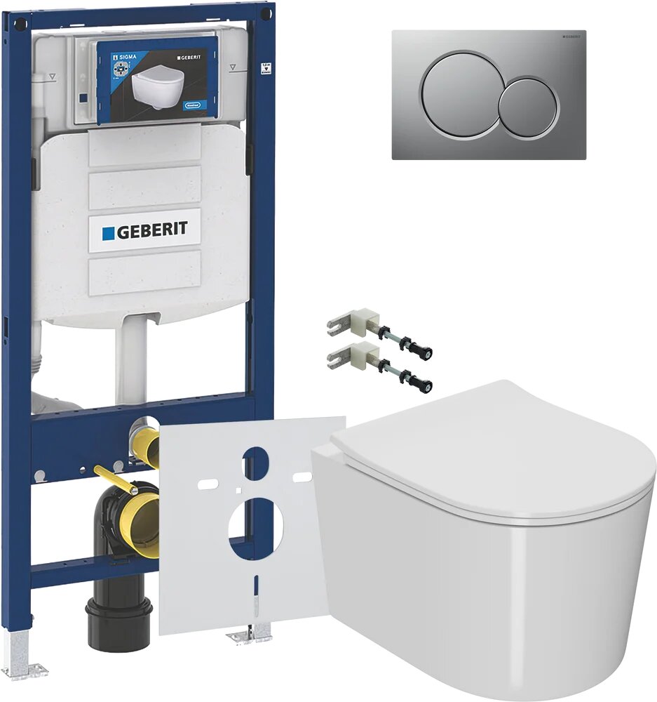 Комплект Унитаз подвесной Bauedge Bau Hotel PRO безободковый с микролифтом белый / Крепления Geberit к стене / Шумоизоляция Инсталляция UP 320 111.300.00.5 Кнопка Sigma лакированная матовый хром