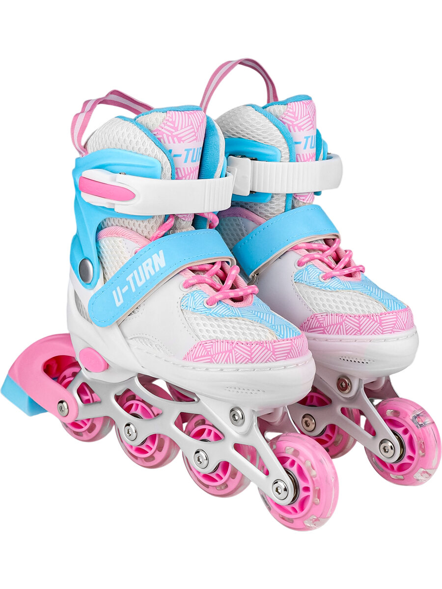 Роликовые коньки 2в1 с лезвием раздвижные (ролики, коньки) сияние бело-голубой (размер 29-32) арт. КР-0106