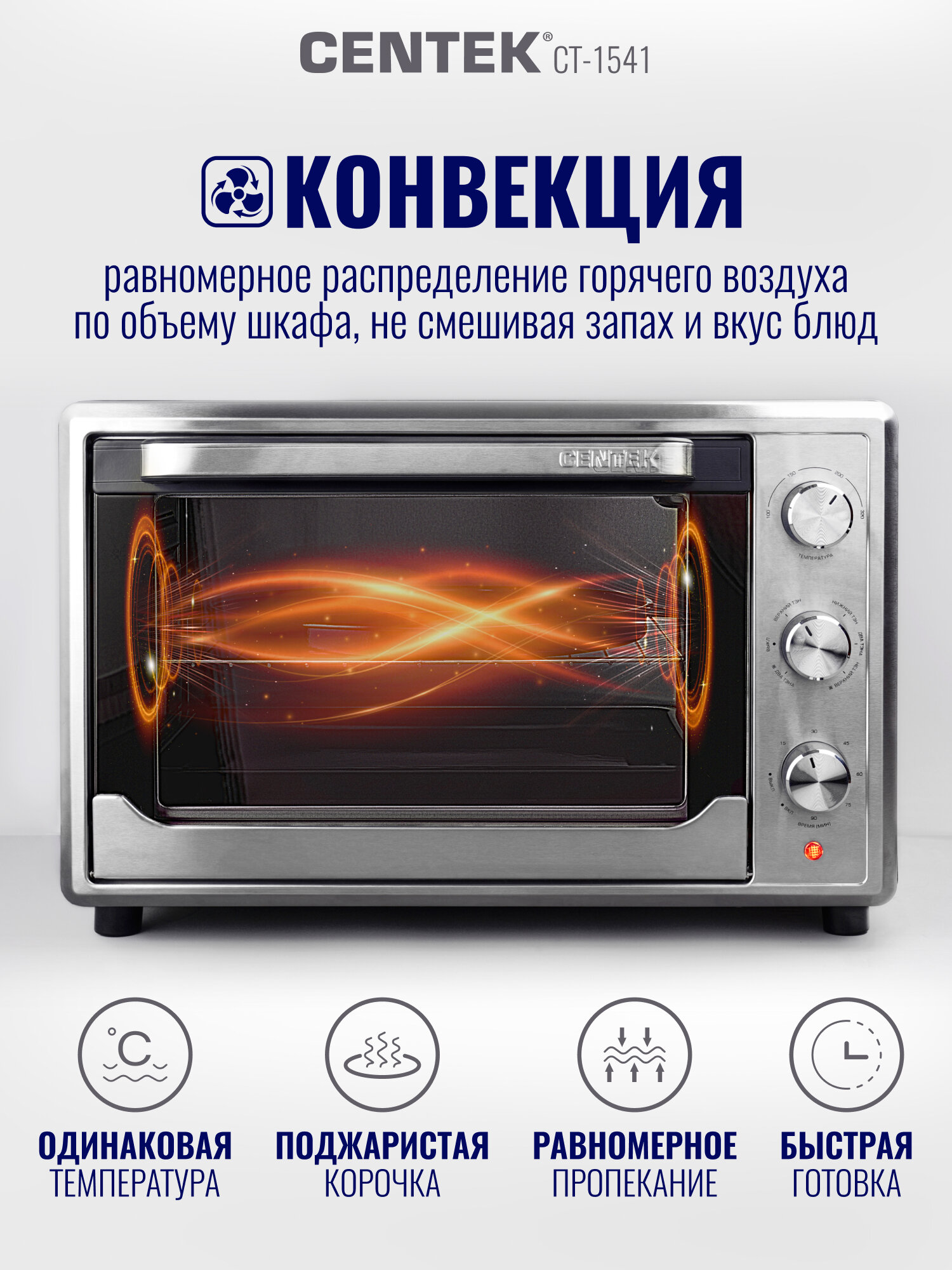 Мини печь электрическая Centek CT-1541 с функцией конвекции и двойным стеклом — фото 1