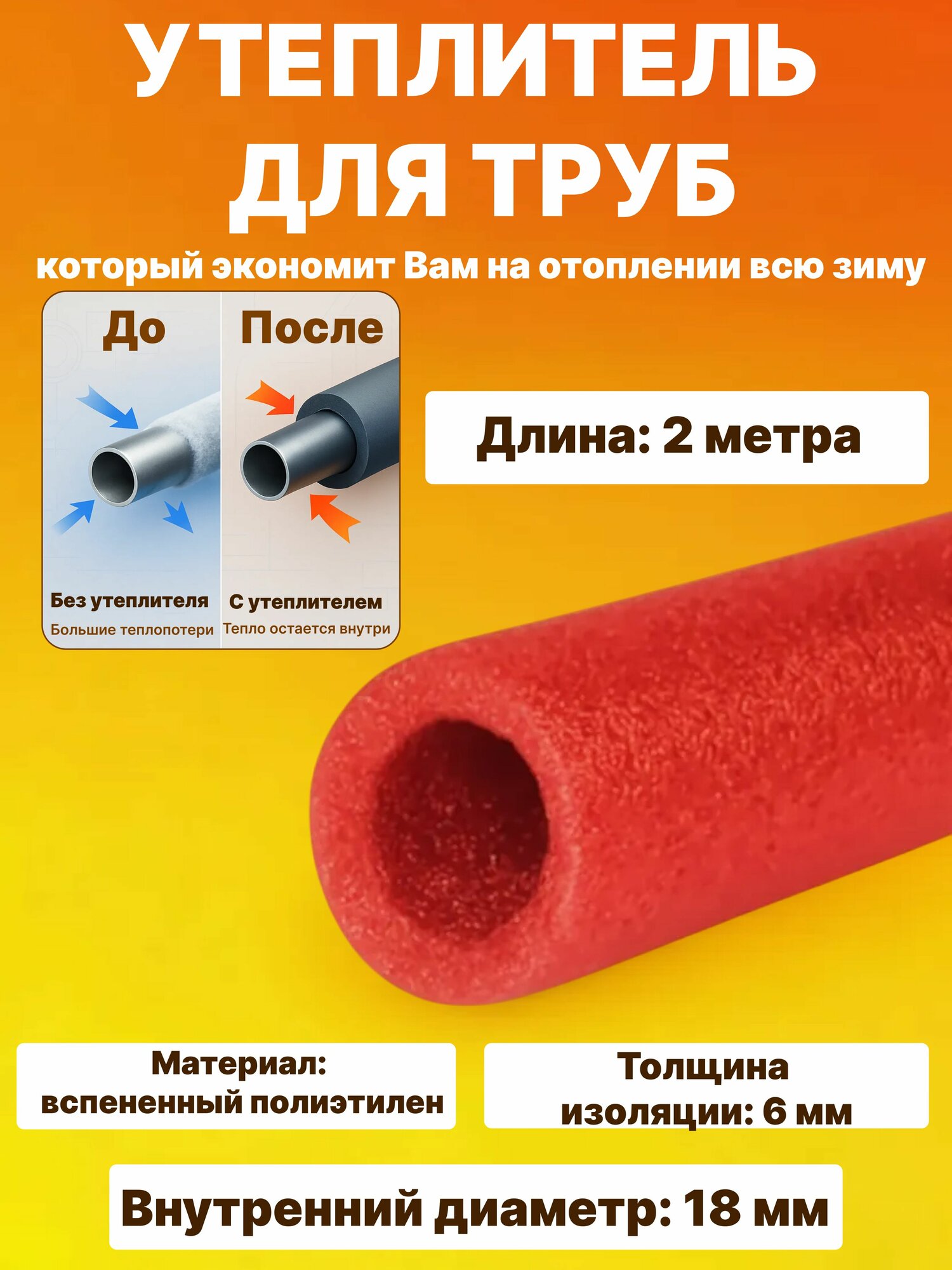 Утеплитель для труб из вспененного полиэтилена 2 м/18 мм/6 мм защита от замерзания экономия тепла лёгкий монтаж для водопровода и отопления