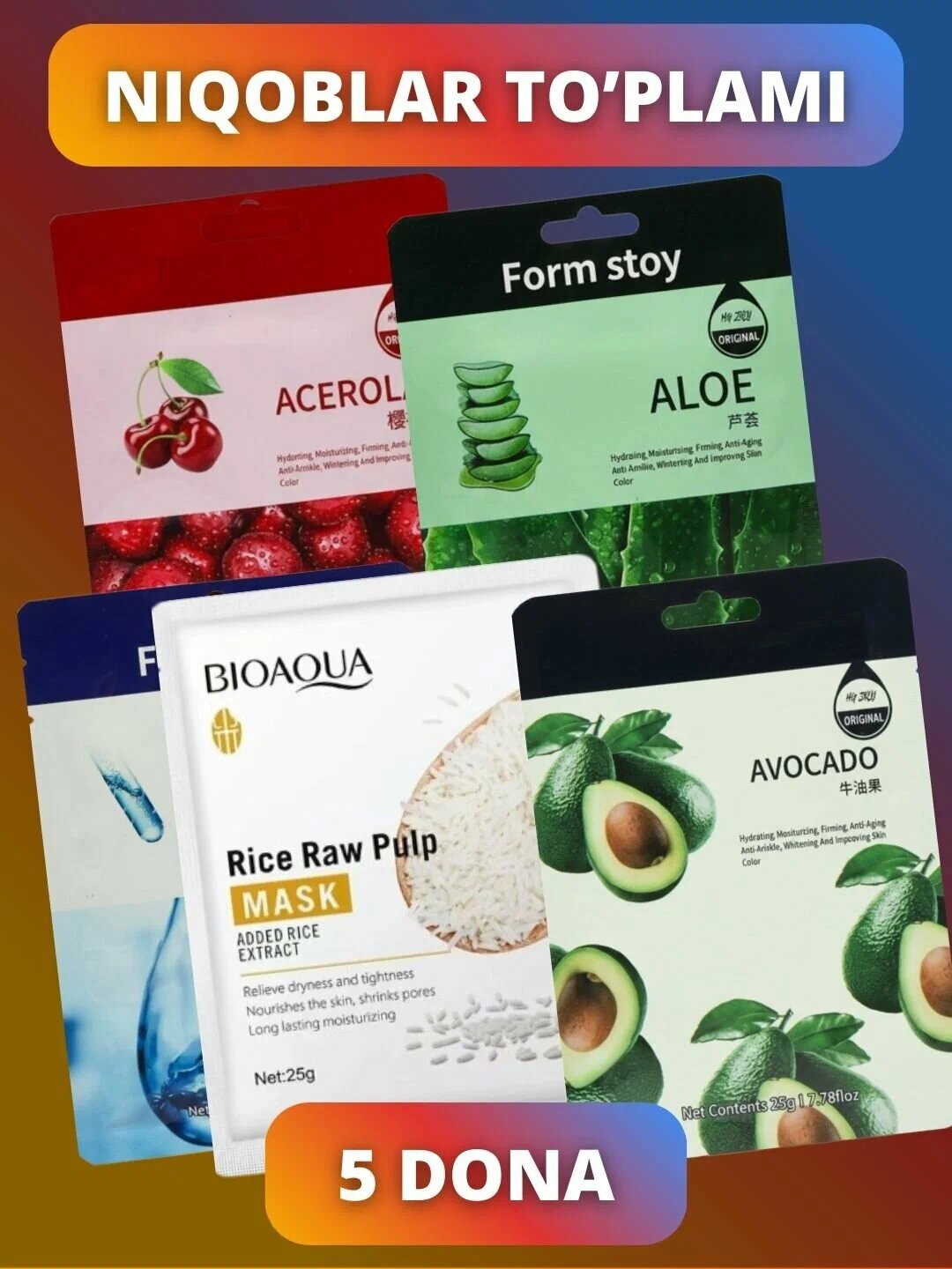 Yuz uchun matoli niqoblar, maska, niqob, to'plam,5 va 10 dona, oziqlantiruvchi, namlantiruvchi, 25 ml