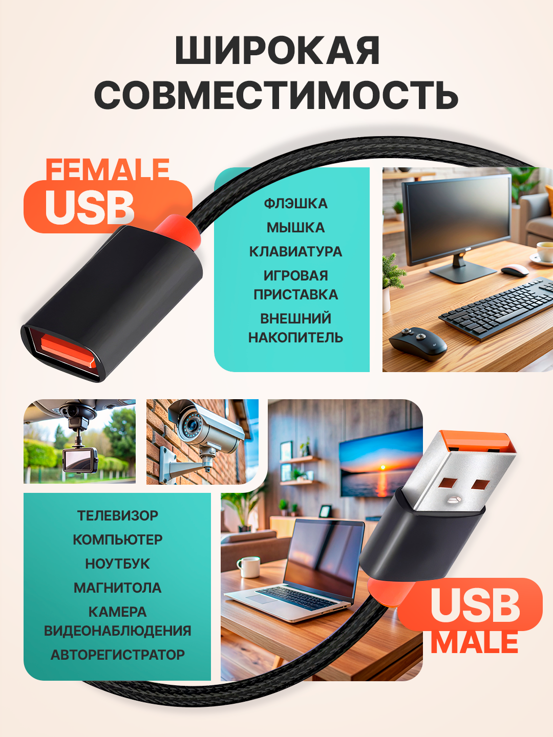 Переходник удлинитель USB AM/AF 1.5 м, кабель USB 2.0 OTG для ПК и ноутбука — фото 1