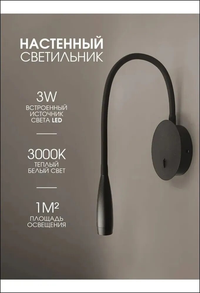 Настенный светильник LED 3 Вт со встроенным светодиодом, металлический плафон, 150 лм, с выключателем