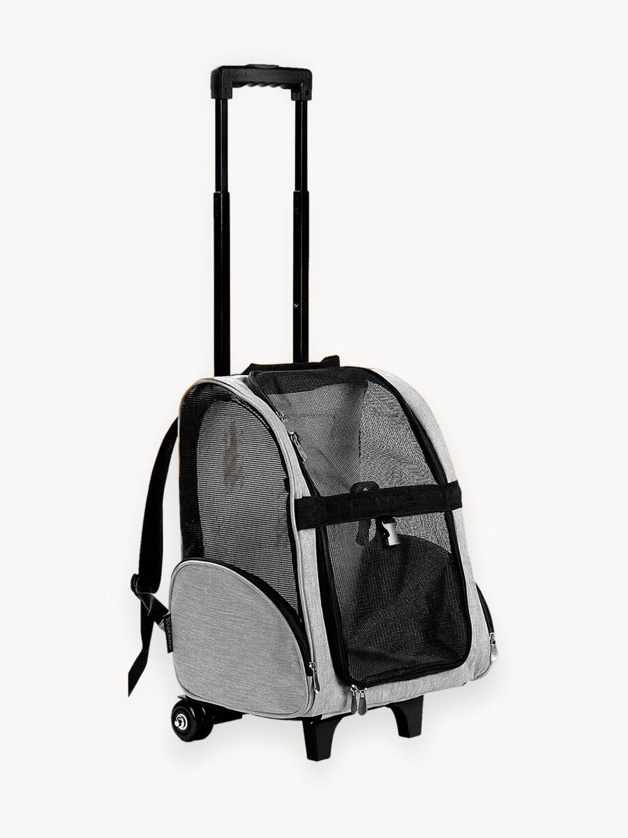 Сумка рюкзак переноска на колесах большая для животных кошек и собак 41х45х26 см серо-черная Petleon