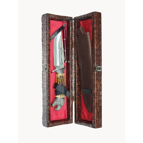 Нож туристический разделочный серый Волк в чехле ножнах и подарочный кожаный футляр , ручка нож подарок .