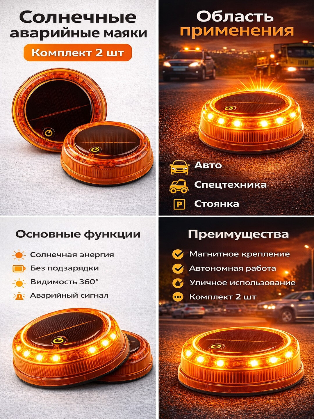 Аварийные стояночные маяки на солнечной батарее, на магните, 2 шт, габаритные LED - Оранжевый