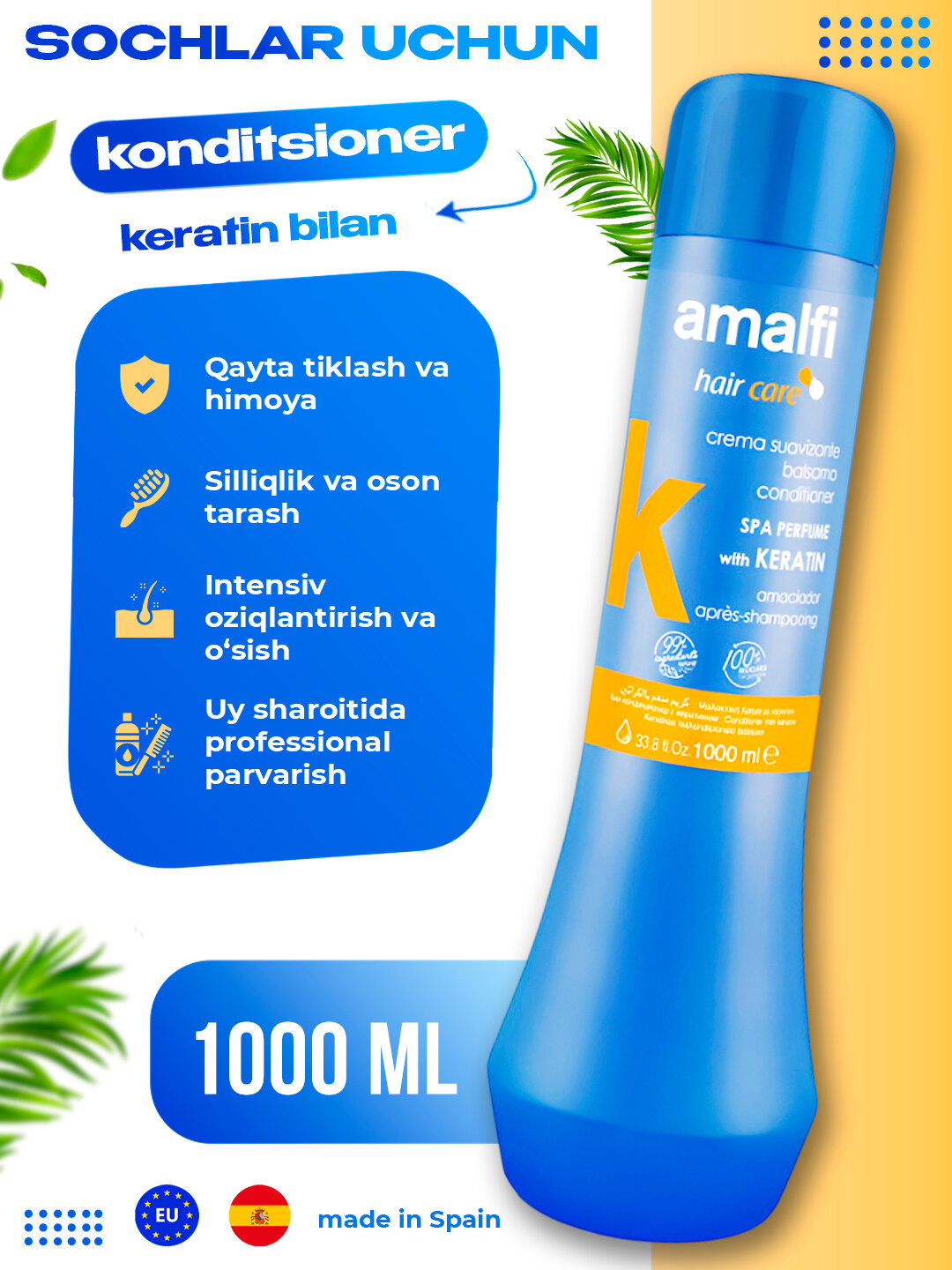 Кондиционер Amalfi Spa Кератин, разглаживающий, для волос, 1 л