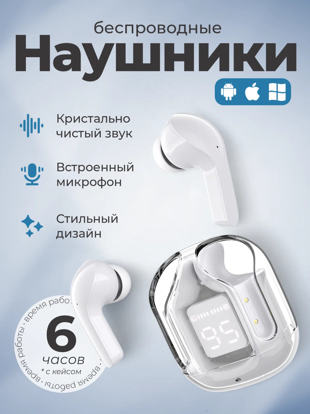 Беспроводные наушники TWS с цифровым дисплеем, Bluetooth, микрофон