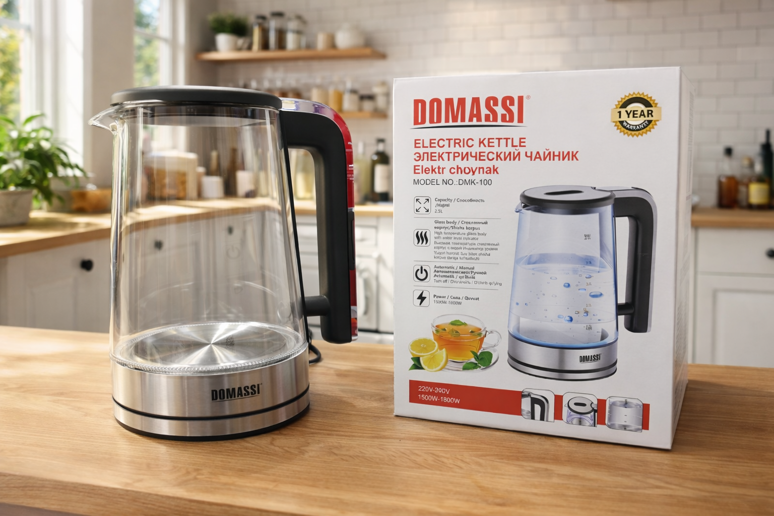 Электрический чайник DOMASSI - italian technologies DMK-100, 2 .5л, 1500 Вт - 1800 Вт, стеклянный корпус с подсветкой