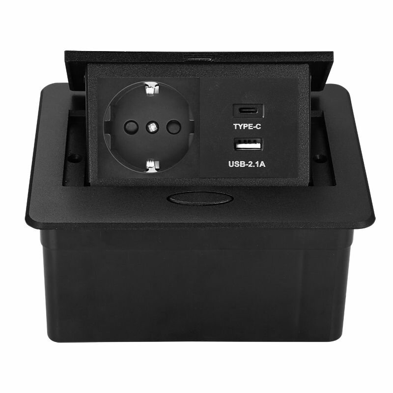 Встраиваемая выдвижная электрическая розетка в столешницу, 1 EU, 1 USB, 1 Type C, Чёрный 1,8 метра