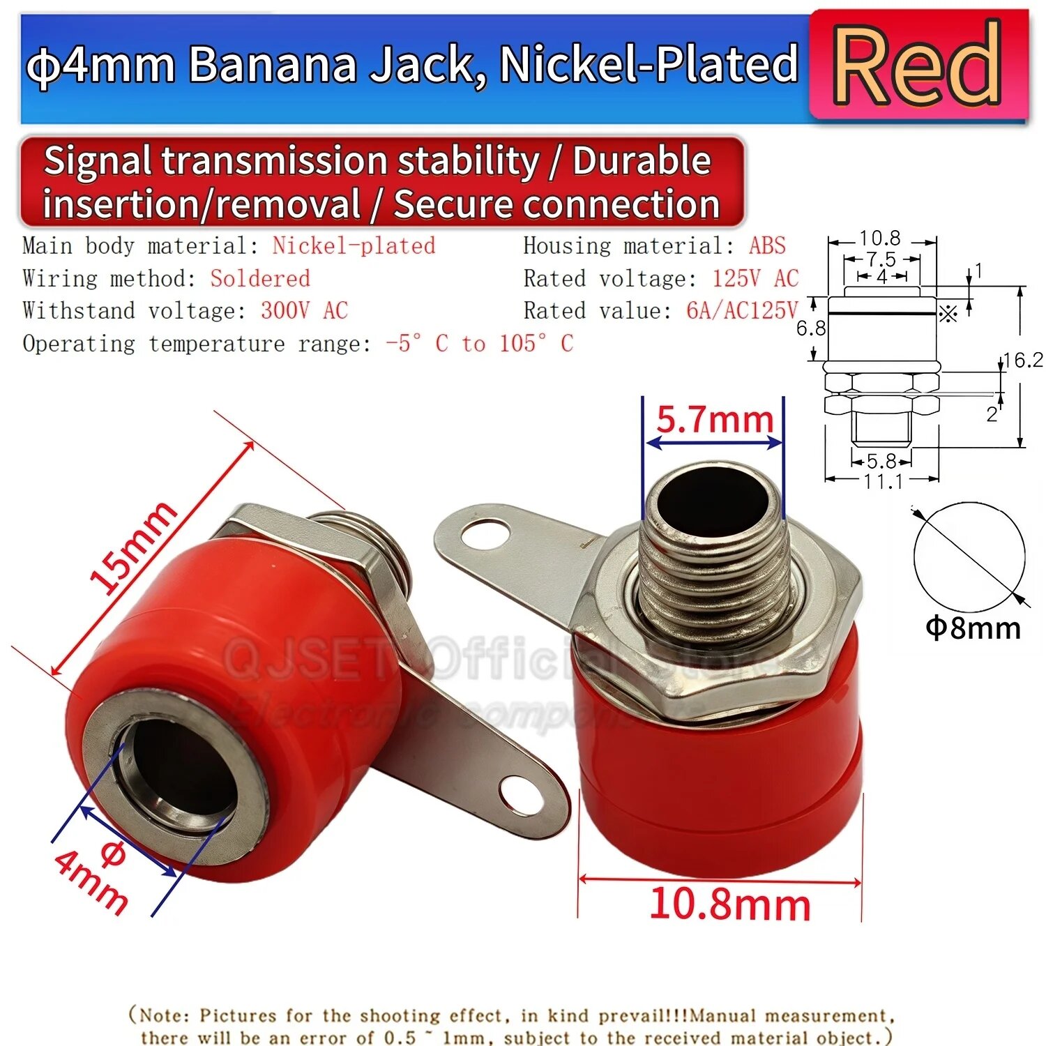 4 мм Banana Jack, Red, Nickel-Plated