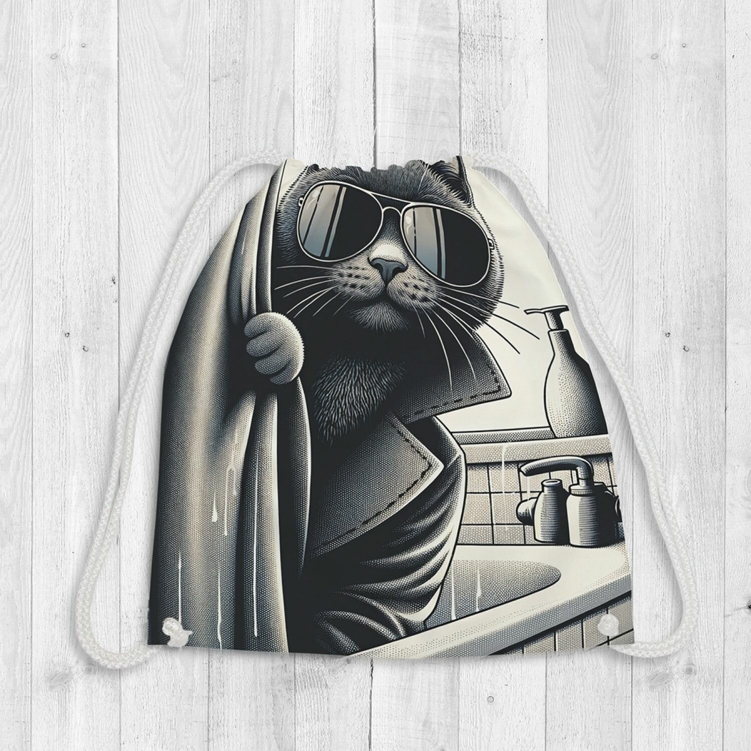 Сумка рюкзак-мешок для обуви и вещей с принтом "Кот шпион в ванной", JoyArty, 38x40см