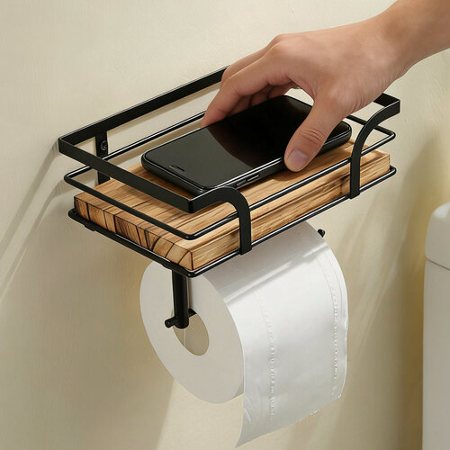 Изображение товара Держатель для туалетной бумаги, с полочкой, массив дерева, без перфорации, металл