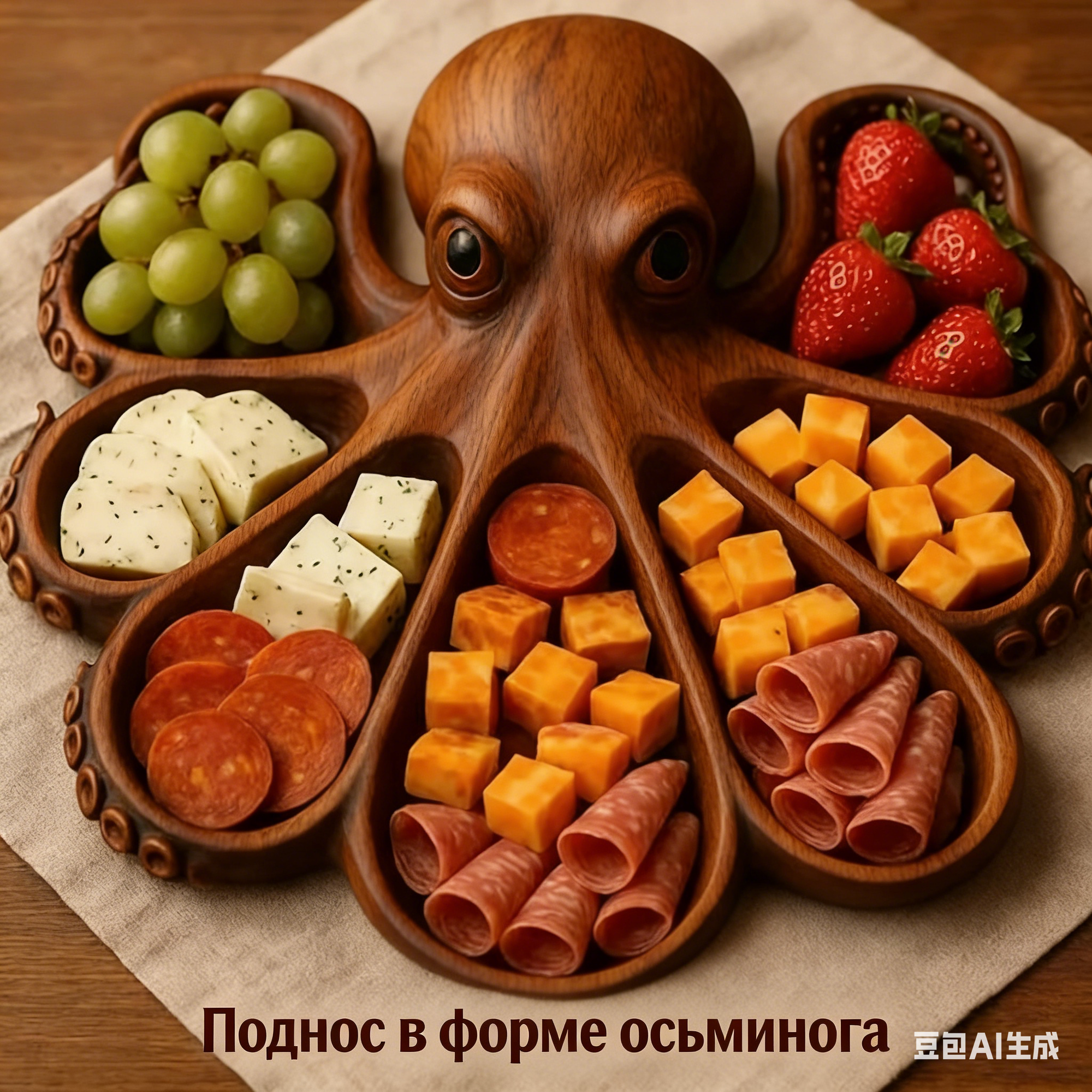 Поднос в форме осьминога, деревянный, 26*25 см, большая вместимость