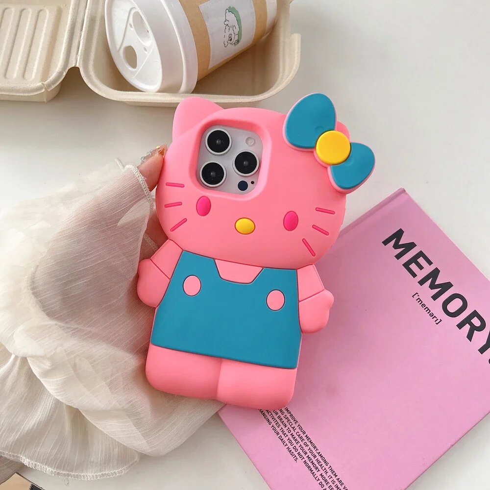 MINISO Милый мультяшный 3D-чехол для телефона Hello Kitty от Sanrio, совместимый с iPhone 16/15/14/13/12/11 Pro Max, противоударный мягкий силиконовый защитный чехол,