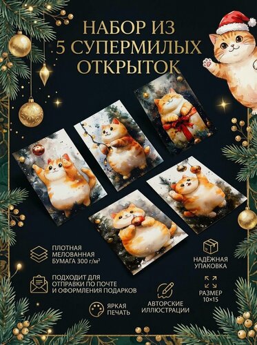 Изображение товара "Пухленькие новогодние котики": набор из 5 открыток для посткроссинга и поздравлений на Рождество и Новый год