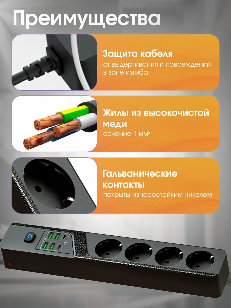 Сетевой фильтр с 4 розетками + 4 USB + 2 Type-C (Черный) — фото 1