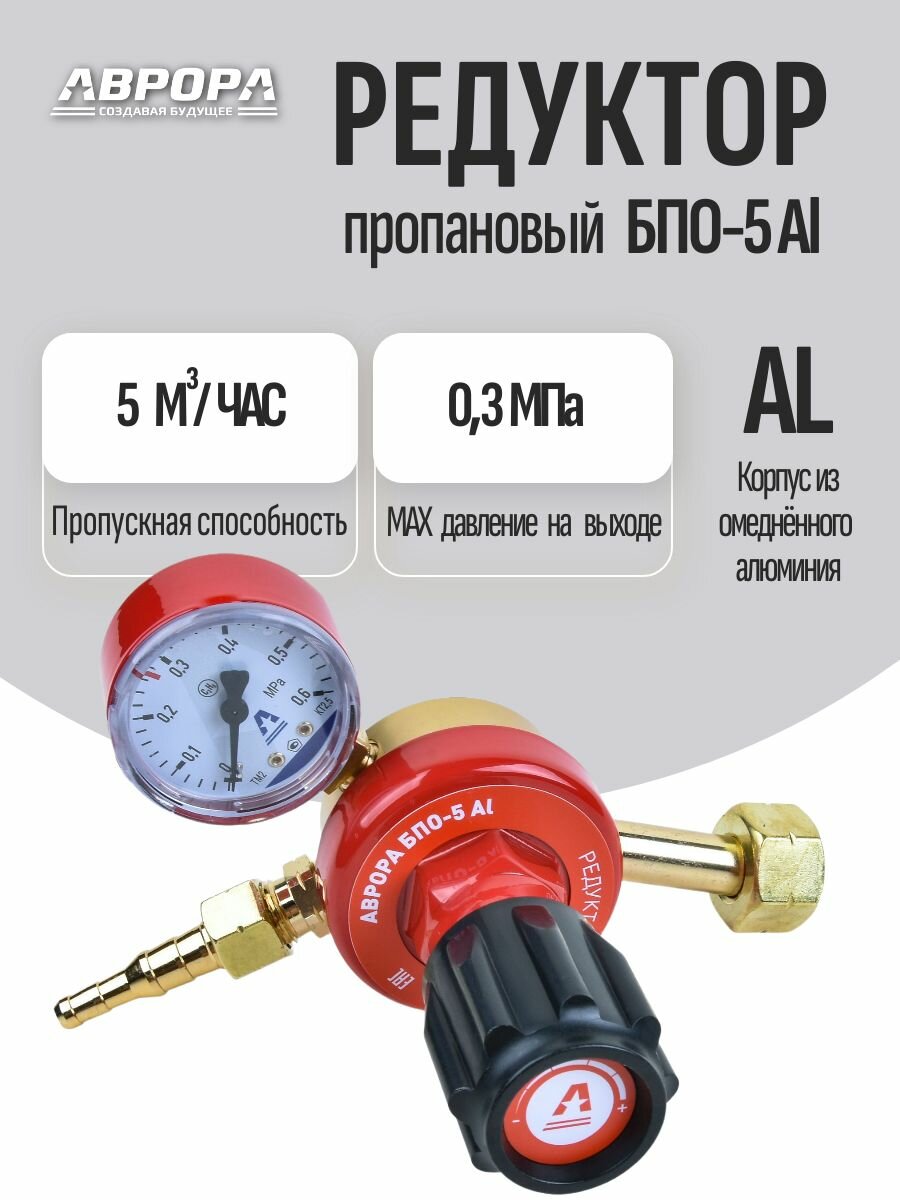 Редуктор пропановый Aurora БПО-5, с манометром, алюминиевый корпус